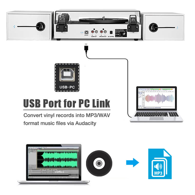 TE-003 Turntable System with External Speakers Bluetooth and USB Recording