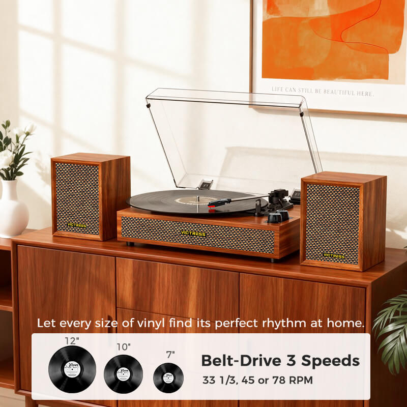 TE-2028 3-Speed Belt-Drive Turntable System with External Stereo Speakers