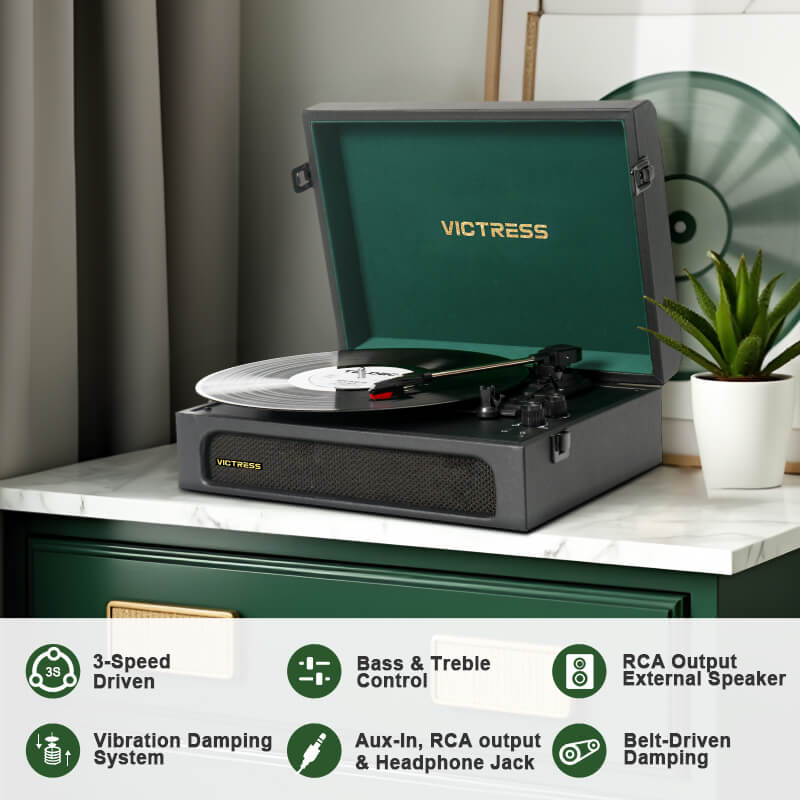 TE-108D Retro Portable Turntable and Stereo Speaker System