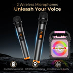 K170 Portable Karaoke Machine Dual Wireless Mics and RGB Disco Lights
