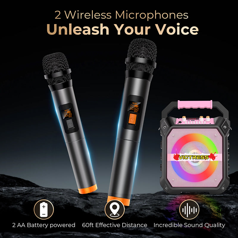 K170 Portable Karaoke Machine Dual Wireless Mics and RGB Disco Lights