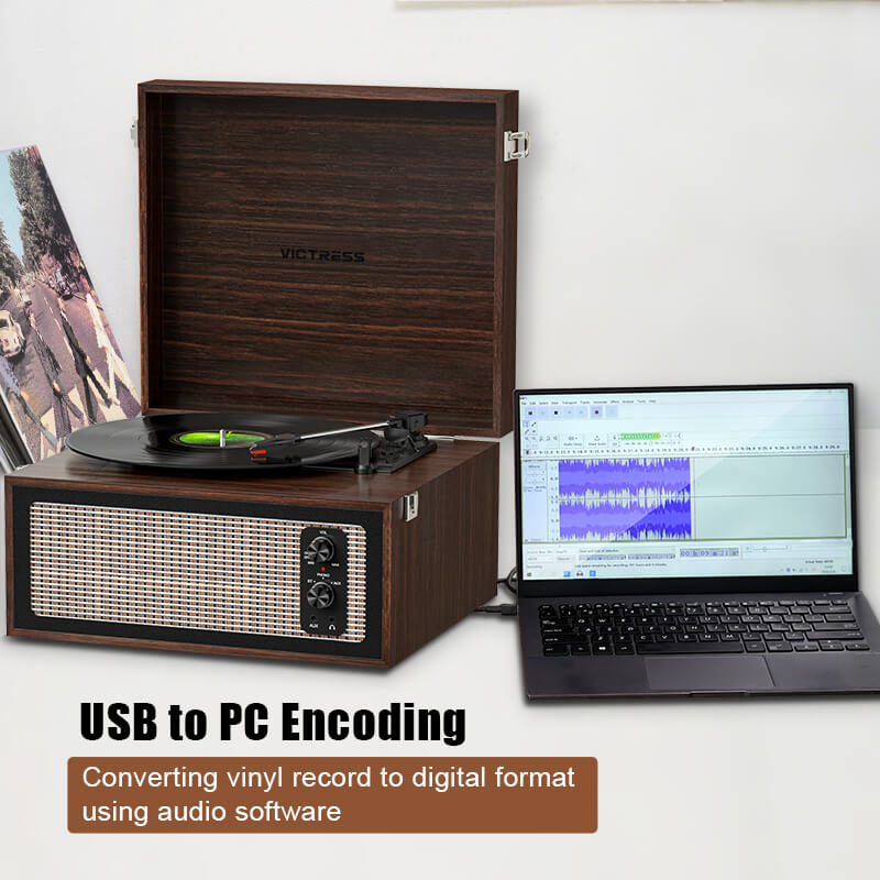 TE-2015C Pink Standing Turntable 4-Speaker HiFi USB to PC Recording