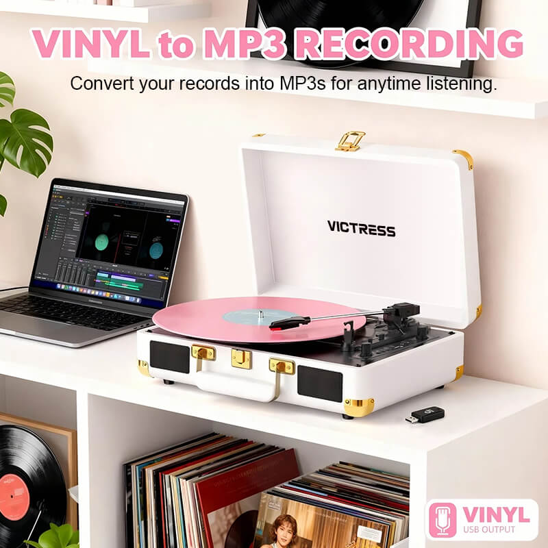 TE-2021 Bluetooth 5.0 Portable Turntable USB Recording and Speakers