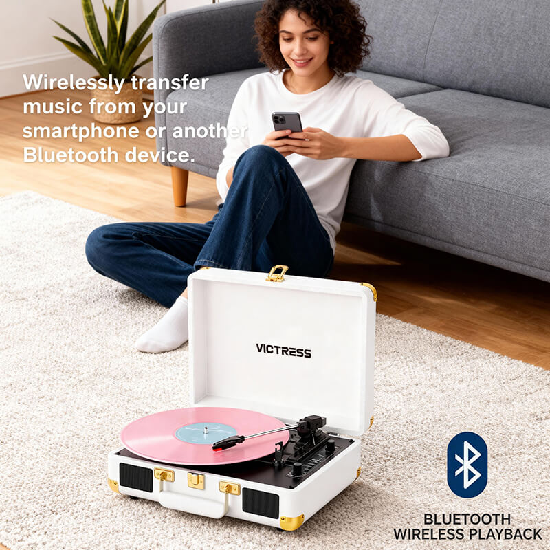 TE-2021 Bluetooth 5.0 Portable Turntable USB Recording and Speakers