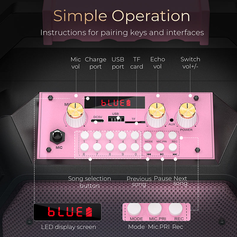 K170 Portable Karaoke Machine Dual Wireless Mics and RGB Disco Lights