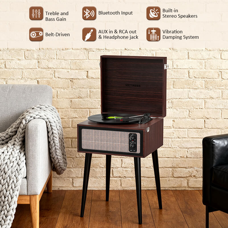 TE-2015C Pink Standing Turntable 4-Speaker HiFi USB to PC Recording