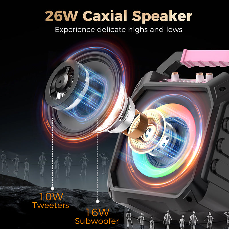 K170 Portable Karaoke Machine Dual Wireless Mics and RGB Disco Lights