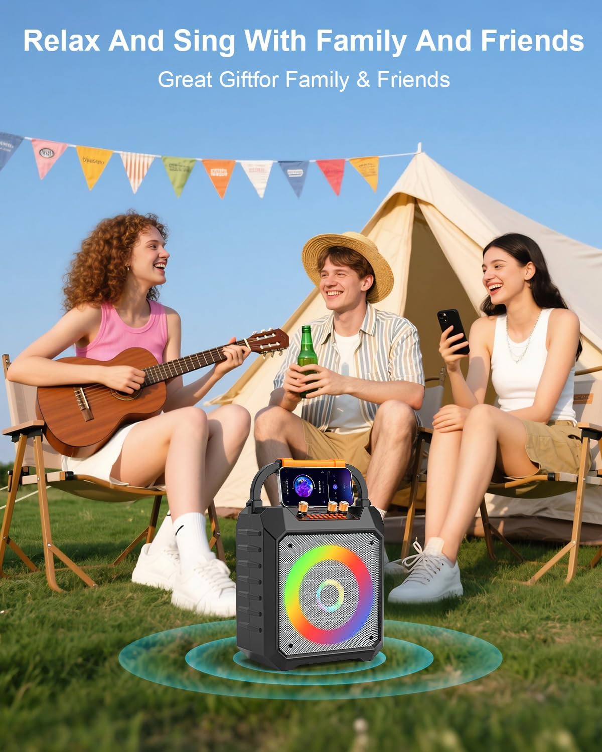 Karaoke Machine. 30W Karaoke Machine for Adults. Portable Karaoke Machine with 2 Wireless Microphones. LED Lights Speaker with Microphone. Supports TF/SD/USB. AUX in. FM. REC for Party - VICTRESS