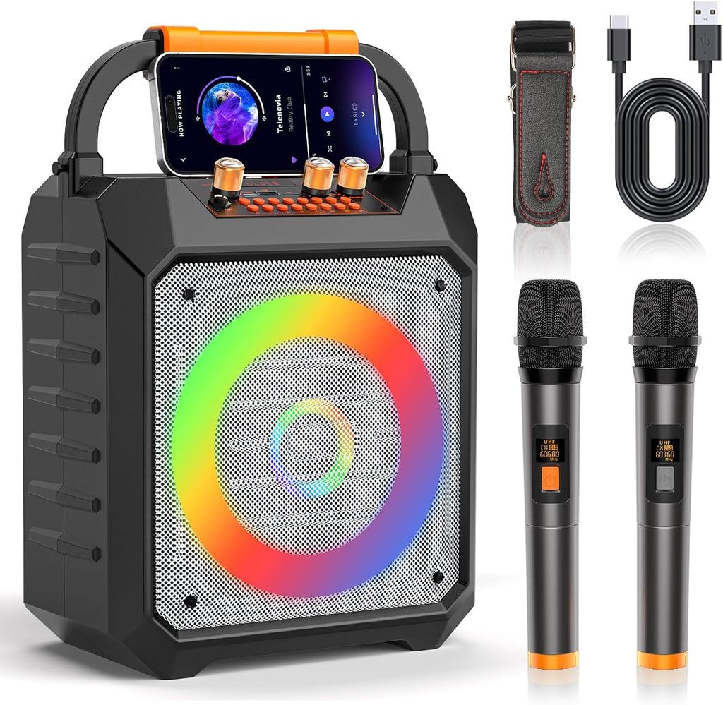 Karaoke Machine. 30W Karaoke Machine for Adults. Portable Karaoke Machine with 2 Wireless Microphones. LED Lights Speaker with Microphone. Supports TF/SD/USB. AUX in. FM. REC for Party - VICTRESS