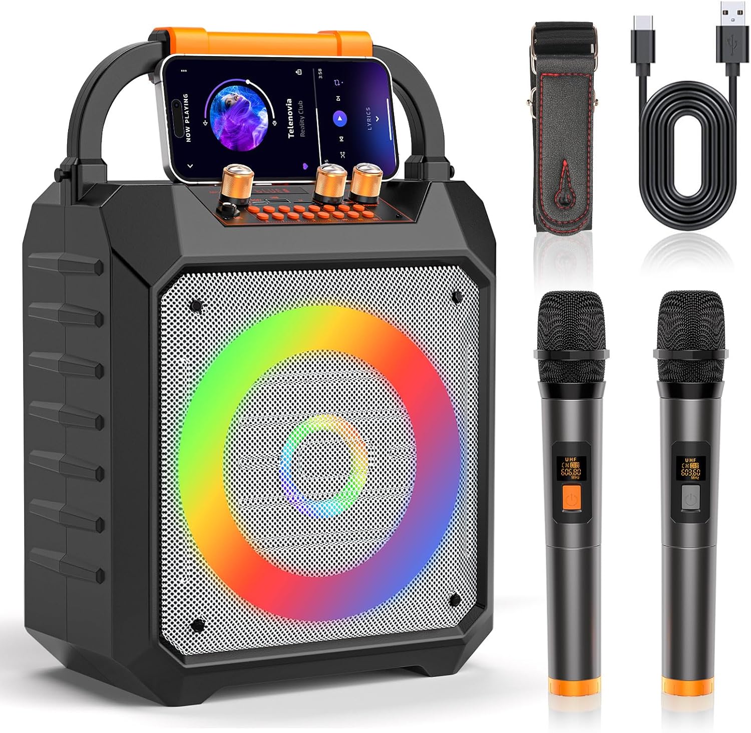 Karaoke Machine. 30W Karaoke Machine for Adults. Portable Karaoke Machine with 2 Wireless Microphones. LED Lights Speaker with Microphone. Supports TF/SD/USB. AUX in. FM. REC for Party - VICTRESS