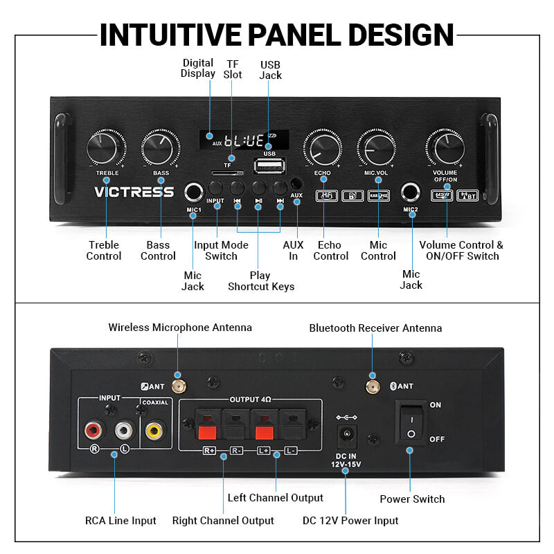 Victress AH001 450W Hi-Fi Bluetooth Amplifier with Wireless Microphones