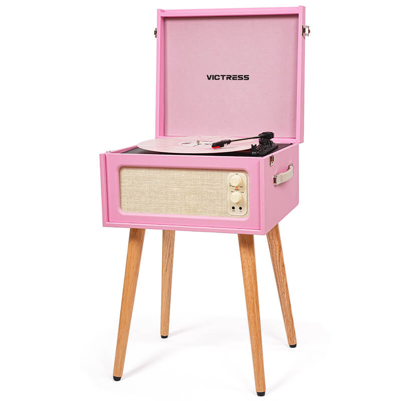 TE-2015C Pink Standing Turntable 4-Speaker HiFi USB to PC Recording