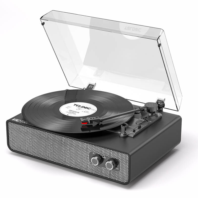 TE-2018 Black Leather Bluetooth Record Player with Auto-Stop and RCA Output