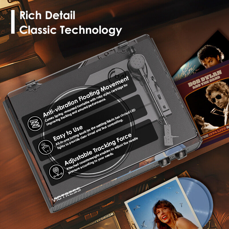 TE-2018 Black Leather Bluetooth Record Player with Auto-Stop and RCA Output