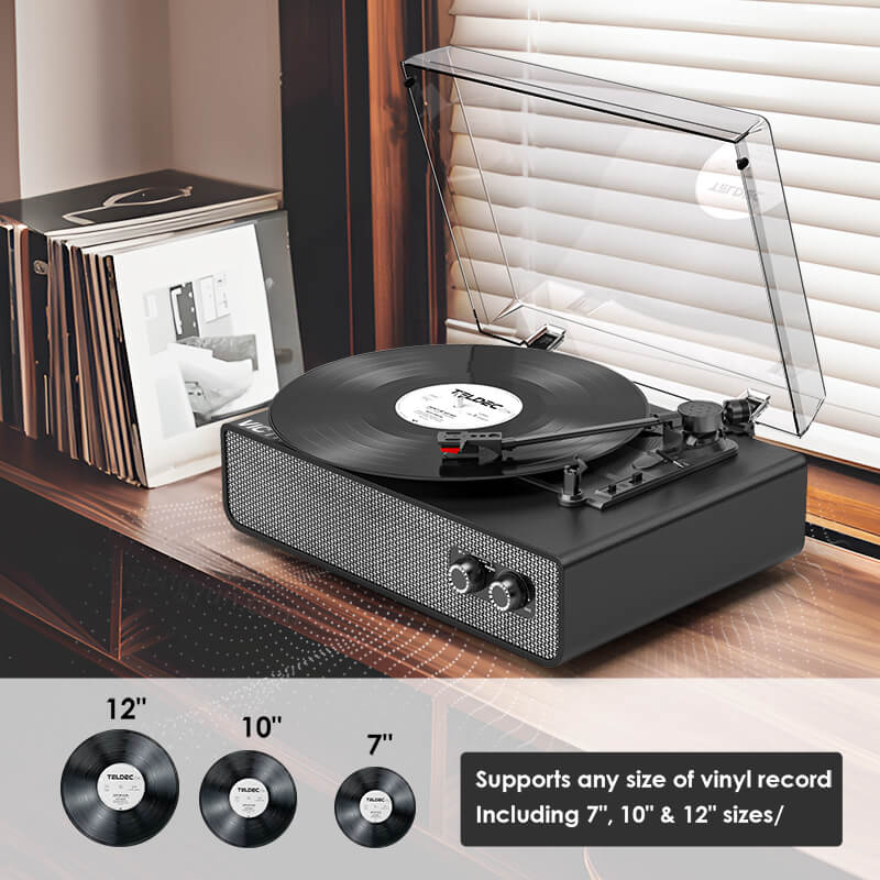 TE-2018 Black Leather Bluetooth Record Player with Auto-Stop and RCA Output
