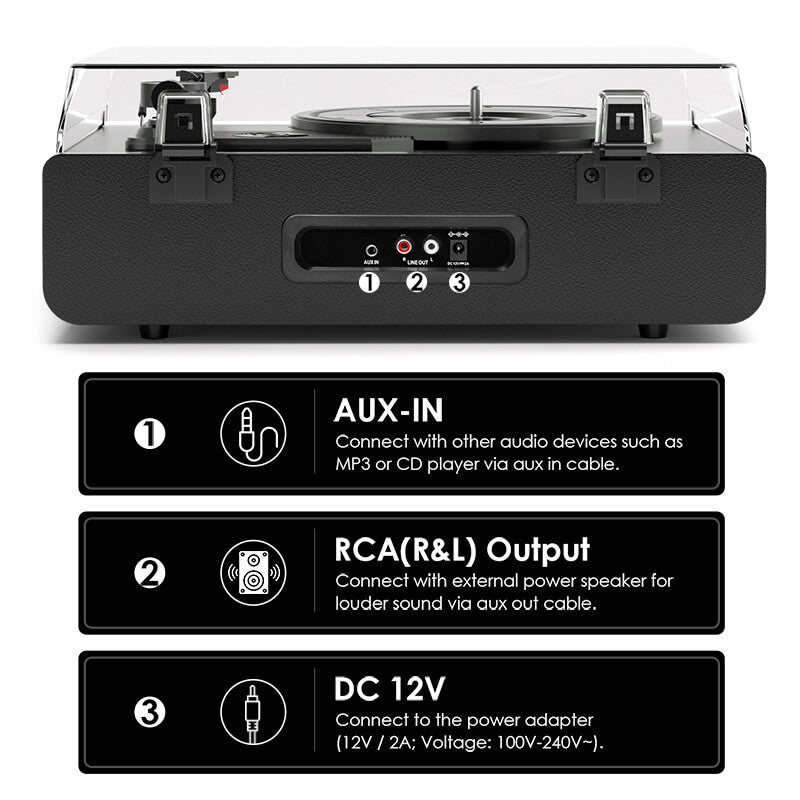 TE-2018 Black Leather Bluetooth Record Player with Auto-Stop and RCA Output