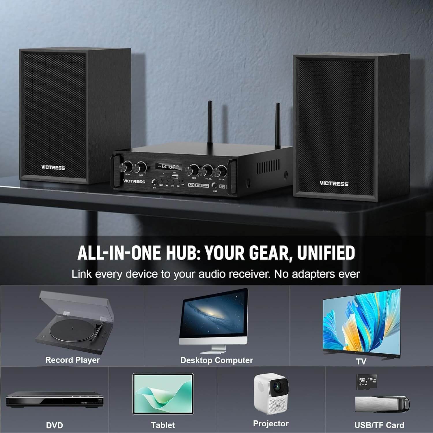 Victress AH001 450W Hi-Fi Bluetooth Amplifier with Wireless Microphones