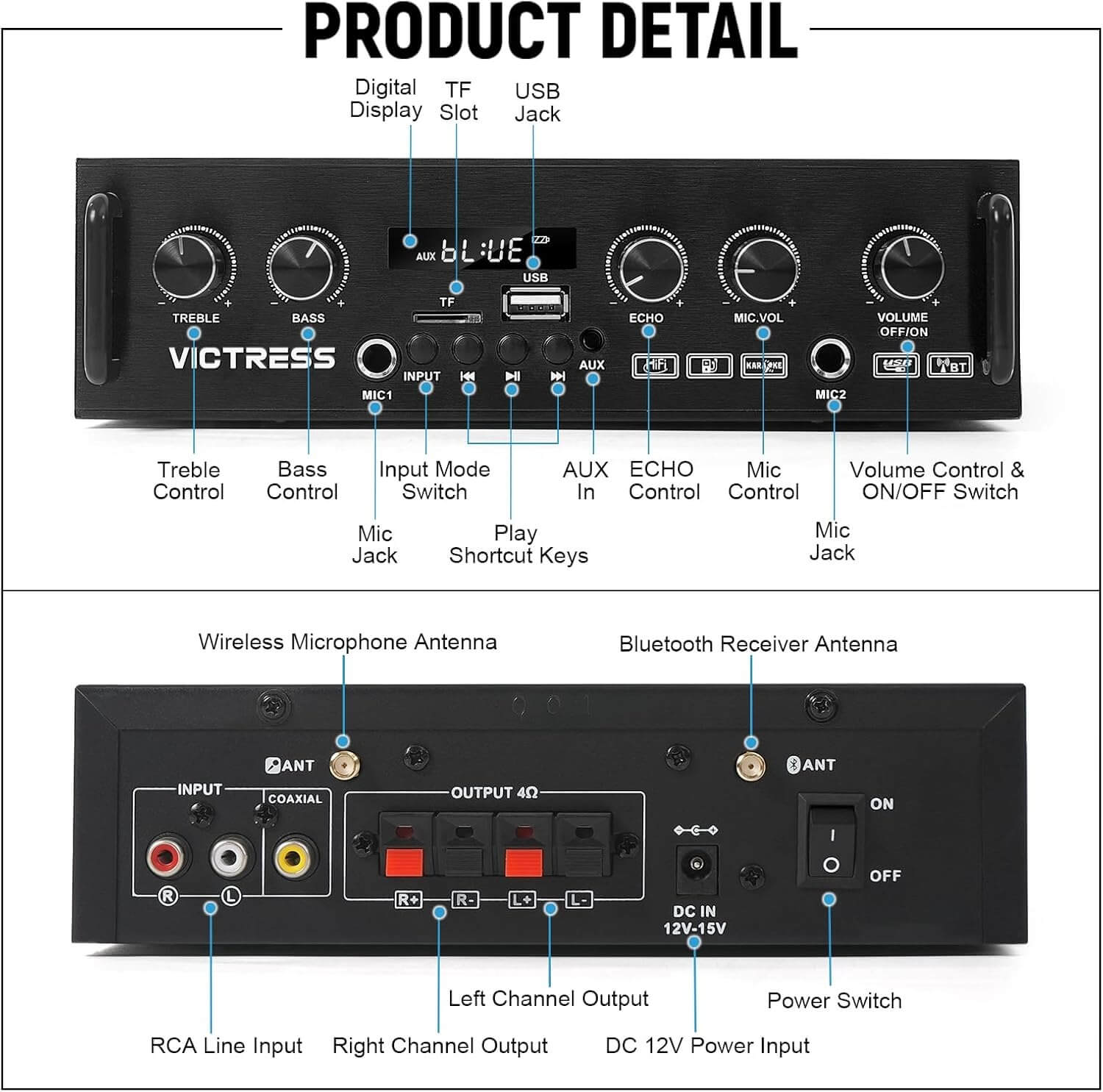 Victress AH001 450W Hi-Fi Bluetooth Amplifier with Wireless Microphones